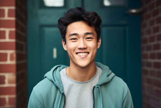 A Young Asian Man Smiling In Front Of The Red Brick Wall