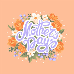 Mothers Day. Vector banner. Decorative graceful frame with vintage flowers. Delicate wildflowers. Trollius, immortelle, chamomile. Vintage lettering for advertising, website, poster, flyer. Peach Fuzz