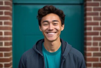 a young man smiling in front of the red brick wall