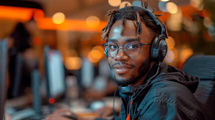 Fototapeta na wymiar Professional Young African Male Operator with Headset - Customer Service Excellence in Business - AI Generated Image