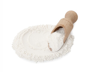 Baking powder and scoop isolated on white