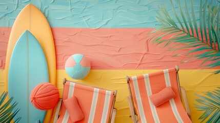 Top view of Beach chairs, surfboard, and beach ball on a colorful beach mat with copy space on left side