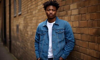 a young black man in jeans posing before a brick wall