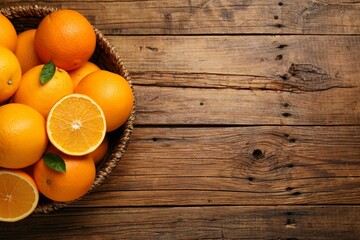 Many ripe oranges and green leaves on wooden table, top view. Space for text
