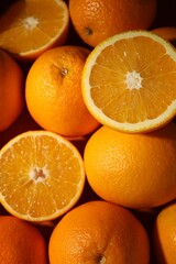 Tasty ripe fresh oranges as background, top view