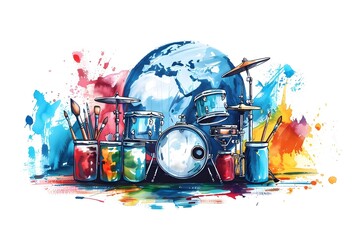 musical instruments, drum set, brushes, paint bottles around a globe, world art day