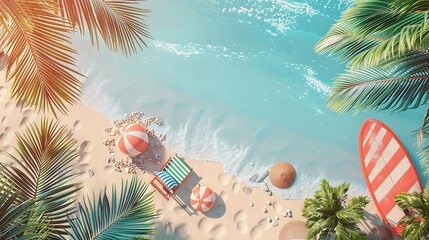 Top view of Beach chairs, surfboard, and beach ball on a sunny beach with palm trees with copy space on left side