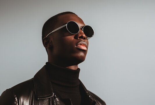 a black man wearing sunglasses on a gray background wall