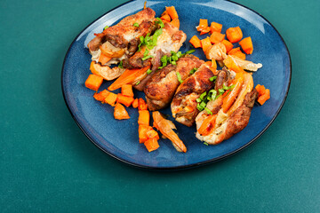 Homemade meat roll with apples and sweet potatoes.