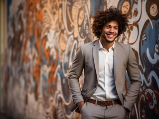 a man with curly hair standing next to a graffiti wall with a smile
