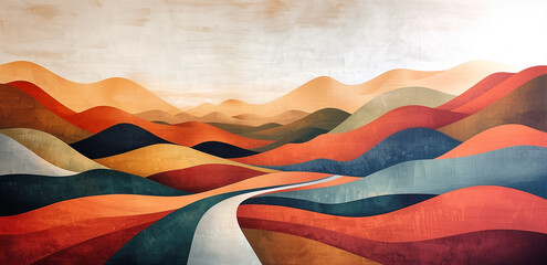 Minimalist painting of mountain landscape using geometric lines. - obrazy, fototapety, plakaty