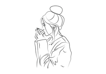Girl drinking tea. Continuous one line art. Minimalist line art vector illustration. Pro vector