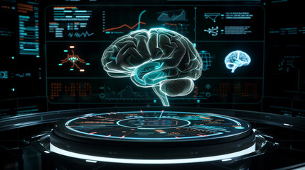 Dark 3d futuristic model of human brain, neurology healthcare concept. Scientific research and data. Generative AI - obrazy, fototapety, plakaty