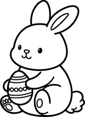 Obraz na płótnie Canvas Lapin de pâques avec un oeuf à la main, à colorier, dessin idéal pour livre coloriage enfant pendant les vacances. Dessin au trait. 