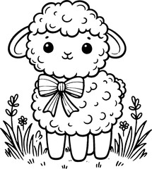 Fototapeta premium Mouton de pâques à colorier, dessin idéal pour livre coloriage enfant pendant les vacances. Dessin au trait. 