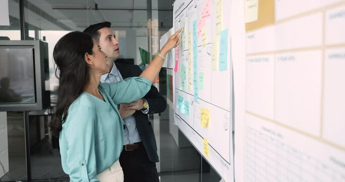 Two Latina employees, male female coworkers, workmates discussing agenda or schedule, learn written information on memo sticky post-it notes, planning joint tasks, working on project use scrum board