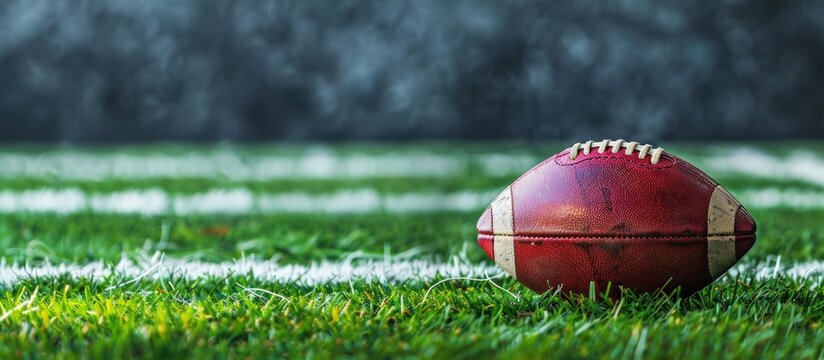Close up an American football ball on green grass stadium copy space background. Generated AI image