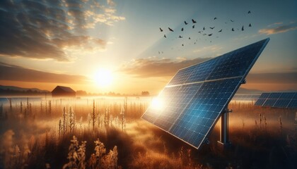 Solar panel in the morning sun, with birds flying in the distance, installed in a beautiful field. Clean green energy. - obrazy, fototapety, plakaty
