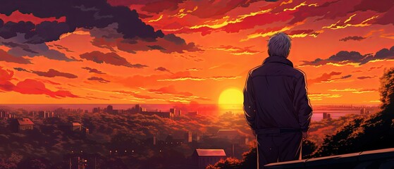 An elderly artist outdoors captures the vibrant hues of a sunset on canvas a passerby pausing to admire the work in progress anime  - obrazy, fototapety, plakaty