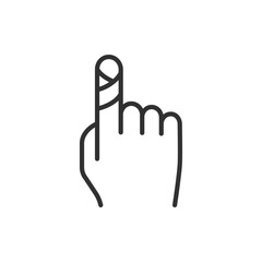 Bandaged finger, linear icon. Wound and treatment. Band-aid, bandage, dressing. Line with editable stroke