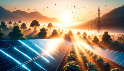Solar panel in the morning sun, with birds flying in the distance, installed in a beautiful field. Clean green energy. - obrazy, fototapety, plakaty