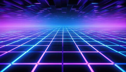 Cyan blue and purple grids neon glow light lines design on perspective floor