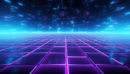 Cyan blue and purple grids neon glow light lines design on perspective floor