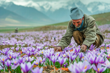 A farmer harvesting saffron flowers in a picturesque field.