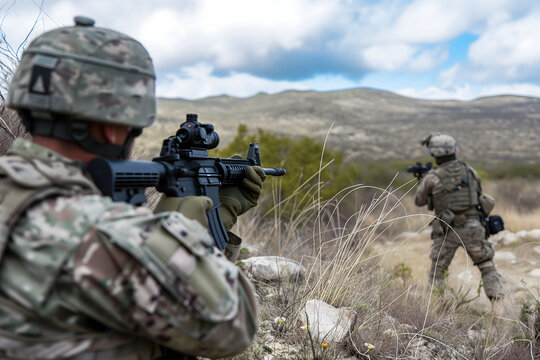 One allied soldier aiming assault rifle to another friendly soldier from his own squad, betrayal concept. Neural network generated image. Not based on any actual scene or pattern.