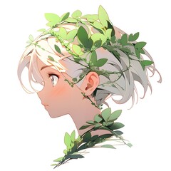 Cartoon anime style avatar side-view portrait of a young woman with leafy decorated hair
