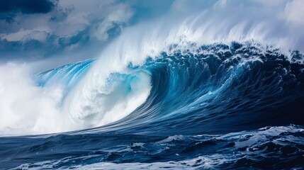 Majestic colossal ocean wave crashing dramatically under a clear blue sky, side view - Powered by Adobe