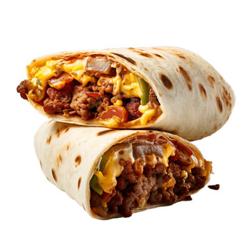A chorizo and egg breakfast burrito isolated on transparent background, png