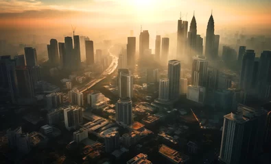 Foto op Aluminium Kuala Lumpur City Centre skyscrapers buildings, drone view, Kuala Lumpur Skyline Malaysia on sunrise. Kuala Lumpur skyscraper at sunset, aerial view. Malaisie Cityscape financial district skyscrapers © MaxSafaniuk