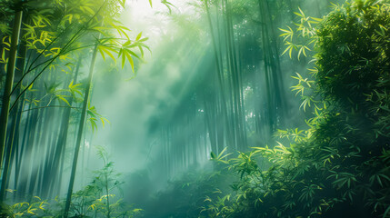 Ethereal mist weaving through a tranquil green bamboo forest, ai generated