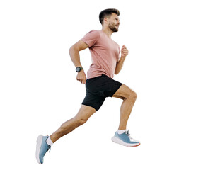 Male runner running fast in sportswear warm-up, isolated transparent background.