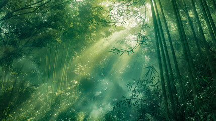 Sunbeams filtering through the fog in a lush green bamboo forest, ai generated