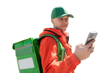 The male courier uses a phone and an app for work, transparent background.