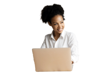 A positive woman is using a computer, smiling, transparent background.