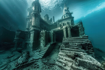 Underwater city ruins discovered in a deep-sea dive. - obrazy, fototapety, plakaty