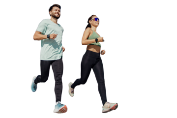 A group of friends, including a sporty man and woman, are seen warming up in their fitness clothing on an isolated, transparent background.
