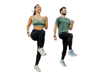 A group of friends of a fit guy and a girl warming up in workout clothes, on an isolated, clear background.
