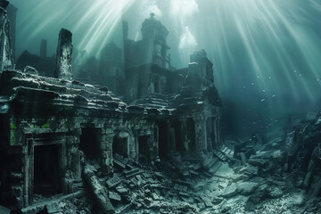 Underwater city ruins discovered in a deep-sea dive. - obrazy, fototapety, plakaty