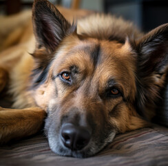 A dog lying down, soft-focus portrait.