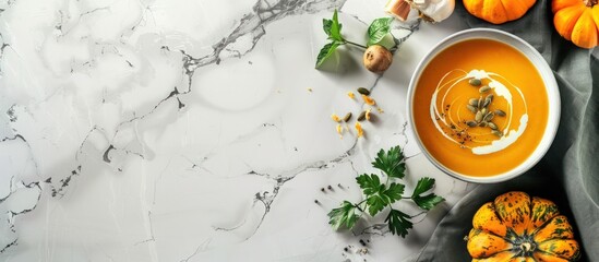 Top view traditional pumpkin creamy soup food in bowl on the marble background. Generated AI image