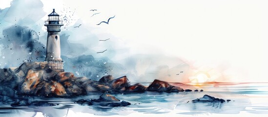 Hand drawn illustration seascape with rocks and lighthouse watercolor style. Generated AI image - obrazy, fototapety, plakaty