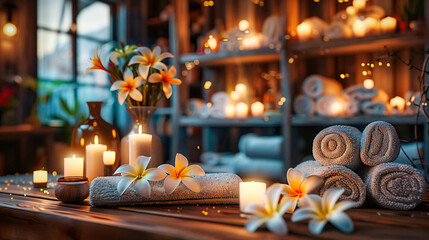 Zen Spa Harmony: Wellness and Relaxation with Candles, Stones, and Aromatherapy Flowers - obrazy, fototapety, plakaty