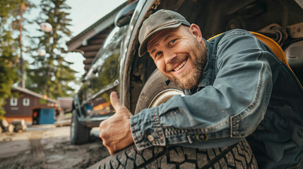 Smiling mechanic showing thumb up after changing tires - obrazy, fototapety, plakaty