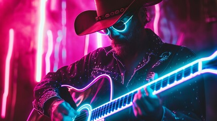 Country singers blending twangs with Neonpunk visuals cowboy hats and guitars adorned with neon a fusion of old and new - obrazy, fototapety, plakaty