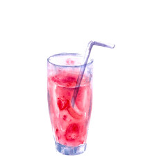 Summer tropical fruit cocktail glass with straw. Pink mojito, berry juice for menu, cafe and bar background.