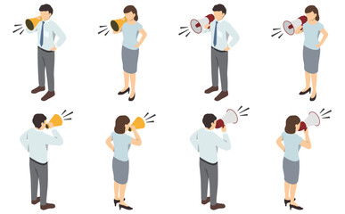 アイソメトリックイラスト:メガホンと拡声器で叫ぶ男女(夏服)